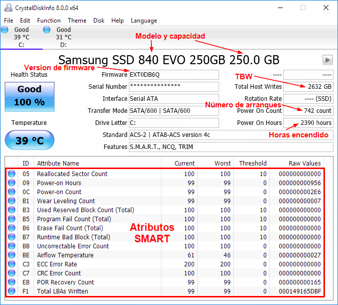 neutral Suposición estante Usar CrystalDiskInfo para ver el nivel de desgaste (TBW) del SSD